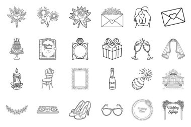 Düğün ve aşk temalı simgeler ve siluette nesneler