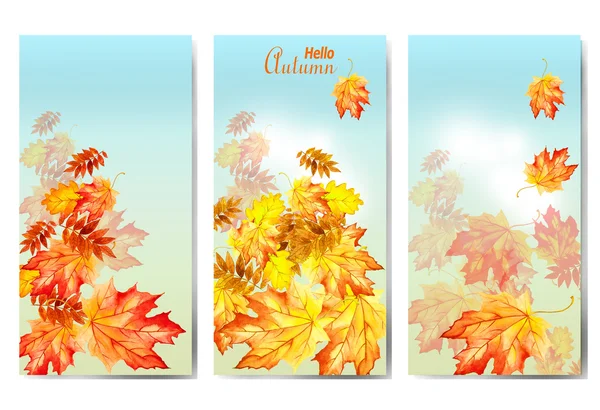 Zestaw trzech transparentów z kolorowymi jesiennymi liśćmi. — Zdjęcie stockowe