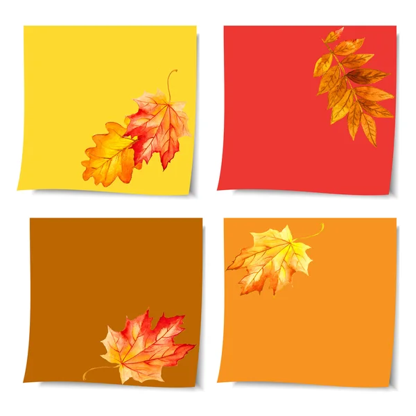 Collection beautiful autumn leaves. collection of colorful post it paper note on white background — Stock Photo, Image