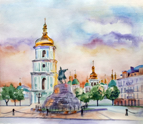 Acuarela calle vista ilustración. Ciudad de Kiev. Ucrania —  Fotos de Stock