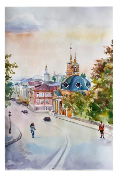 Ilustracja akwarela Widok ulicy. Miasto Kijów. Ukraina — Zdjęcie stockowe