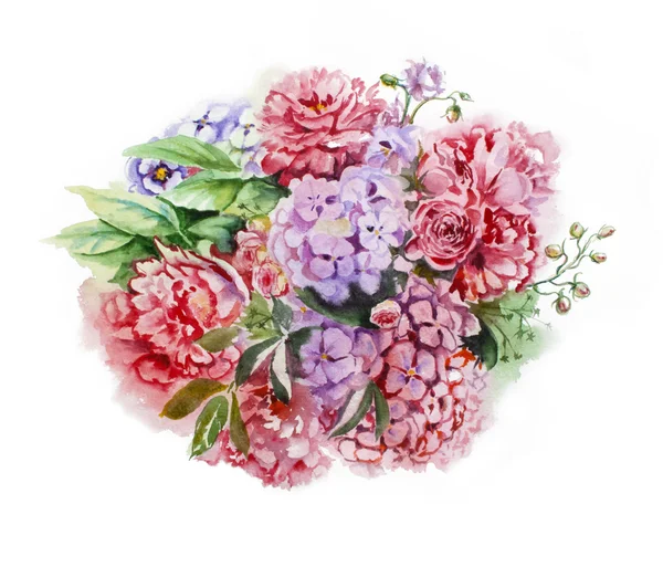 Nyár kézi rajz, akvarell virágos üdvözlés kártya-val virágzó virágok gyönyörű Hortenzia kék és rózsaszín, akvarell illusztráció — Stock Fotó