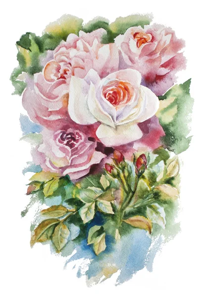 Καλοκαίρι χέρι σχέδιο ακουαρέλα floral ευχετήρια κάρτα με ανθισμένα λουλούδια, Παιώνιες, τριαντάφυλλα, μαργαρίτες, μπουμπούκια ανθέων, βιολέτα, διακόσμηση λουλουδιών φυσική απεικόνιση — Φωτογραφία Αρχείου