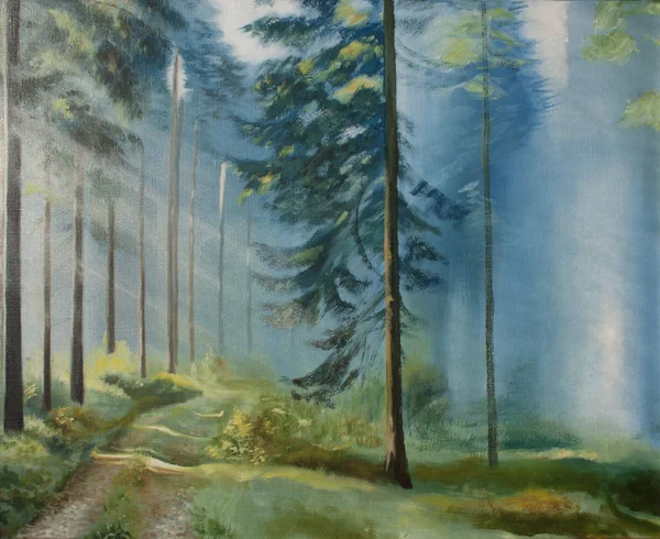 Sol da manhã na floresta, pintura a óleo — Fotografia de Stock