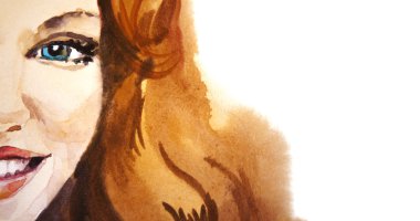 Beyaz arka planda, suluboya gülümseyen güzel kadın portre