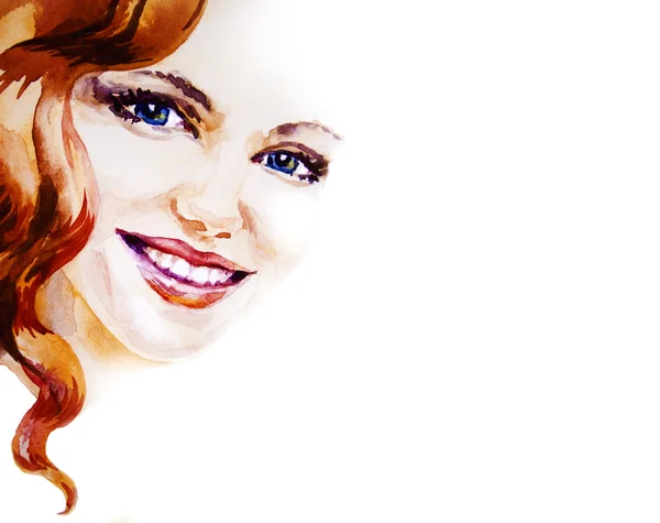 Schönes lächelndes Frauenporträt auf weißem Hintergrund, Aquarell — Stockfoto