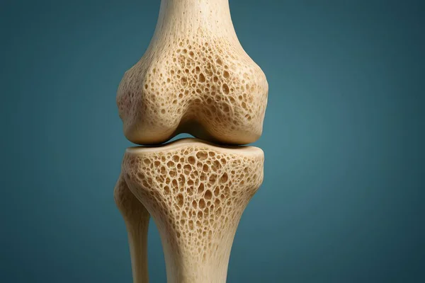 Kalça ve kaval kemiğinin üç boyutlu detaylı çizimi gözenekli kemik dokusunu gösteriyor. Ortopedik, anatomik ve osteoporoz eğitimi için ideal.