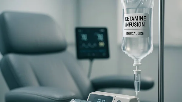 IV bag and pump labeled Ketamine Infusion. Ideal for depression treatment visuals and World Mental Health Day (October 10).
