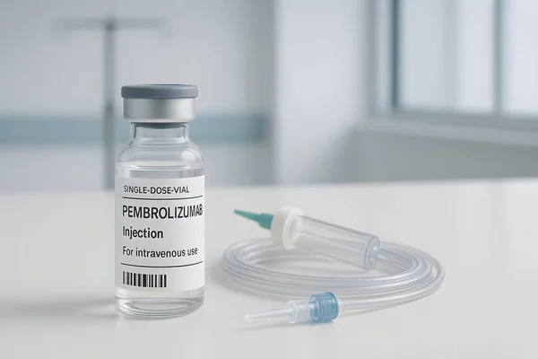 Pembrolizumab enjeksiyonu için serum takıldı. Bağışıklık terapisi farkındalığı ve Dünya Kanser Günü (4 Şubat) için ideal).