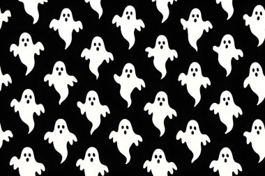 Repeating ghost illustrations on black, ideal for Halloween designs, party decor, and October content.