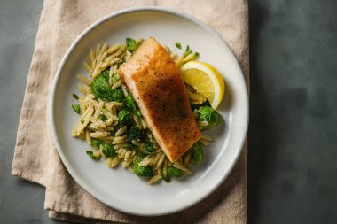 Yapraklı yeşillik ve limonla pişirilmiş somon balığı. Beslenme, aşçılık ve sağlıklı yaşam için ideal..