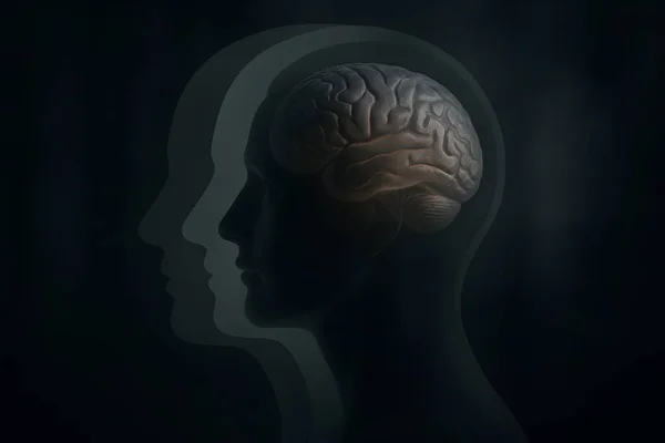 Üst üste binen kafa siluetleri ve detaylı beyinle biçimlendirilmiş profil zihinsel süreçleri, psikolojiyi ve bilişsel bilimi sembolize ediyor..