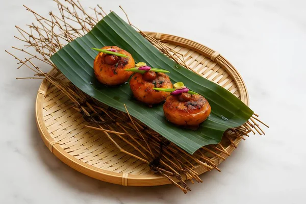 Üç tane ızgara mermi, muz yaprağında, yenilebilir çiçekler ve bambu tepsiyle. Mutfak sanatı, kültür mutfağı ve yemek tasarım temaları için rafine edilmiş bir yemek..