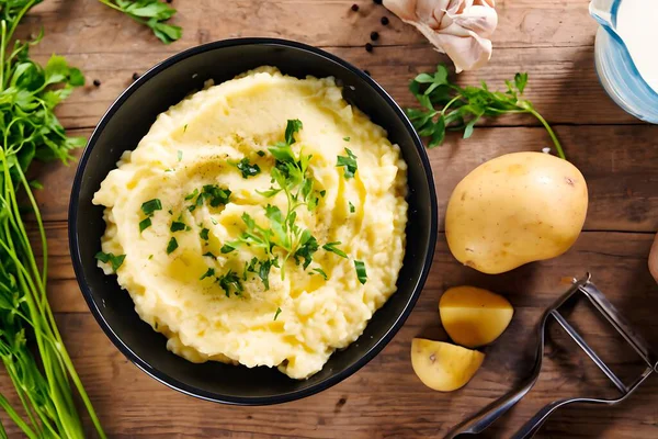Maydanoz ve biberle süslenmiş pürüzsüz patates püresi. Köy ahşabında taze malzemelerle süslenmiş. Rahatlatıcı yemek, yemek ve beslenme temaları için ideal.