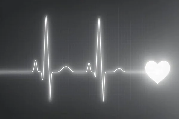 Karanlık şebeke arka planında parlayan kalp simgesine sahip elektrokardiyogram çizgisi, kalp sağlığı, yaşam ve tıbbi teşhisi sembolize ediyor.