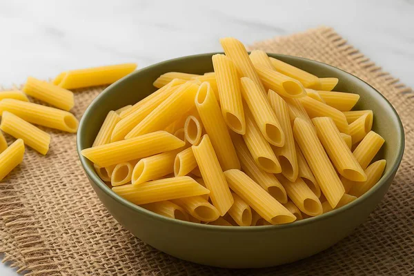 Çuval bezinde yeşil desenli pişirilmemiş makarna İtalyan mutfağını ve yemek hazırlığını ön plana çıkarıyor..