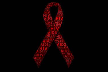 Dünya AIDS Günü ve uluslararası halk sağlığı gözlemleri için küresel bilinç, önleme ve dayanışmayı sembolize eden, tekrarlanan HIV ve AIDS metniyle kırmızı bir kurdele oluşturuldu..