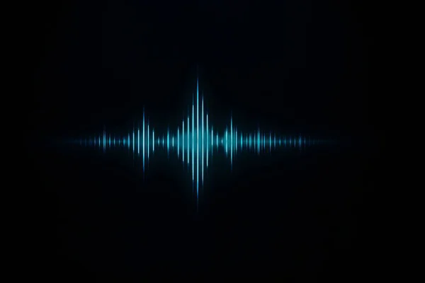 Karanlık bir arka planda gelecekçi neon mavi ses dalgası. Ses tasarımı, müzik üretimi, ses teknolojisi, yapay zeka ses işleme, dijital sinyaller ve teknik görseller için ideal.