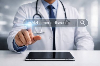 Dijital arayüz kullanarak Alzheimer hastalığını araştıran doktor, nörolojiyi, bunamayı, bilişsel gerilemeyi, zihinsel sağlık bilincini ve gelişmiş tıbbi teknolojiyi sembolize ediyor..