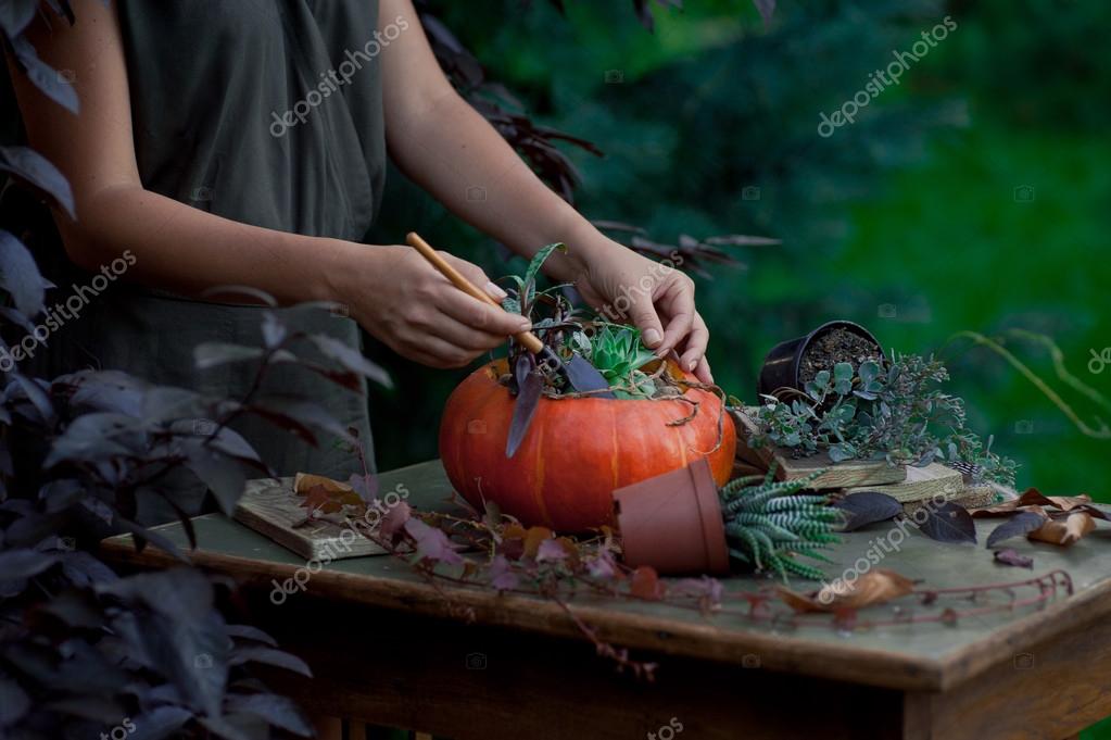 Mooie herfst boeket in een vaas van pompoen. Voorbereiding voor ...