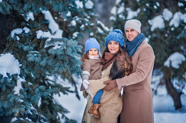 Portrait of a family against the background of snow-covered trees — ストック写真