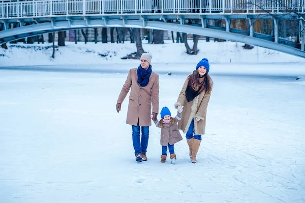 Family have fun on a frozen lake in the park against the background of the bridge — Photo