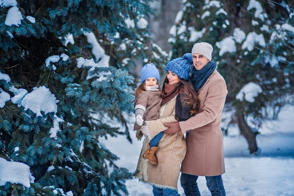 Portret rodziny na tle drzew pokrytych śniegiem — Zdjęcie stockowe