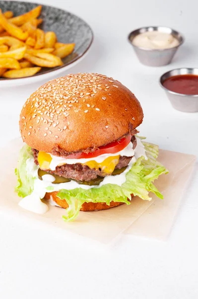 Pojedynczy smaczny burger z frytkami i sosami — Zdjęcie stockowe
