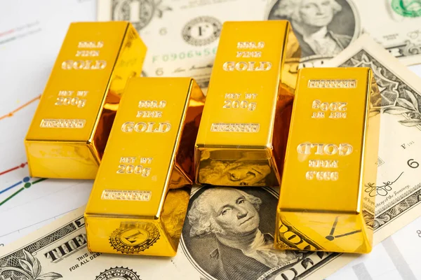 Amerikan doları banknotunda altın külçeleri, finans sektörü yatırım para birimi.