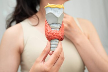 Hipertiroidizm, aşırı aktif tiroid, tiroid lenfoma, tiroid bezi insan anatomisi olan Asyalı kadın..