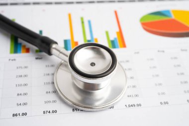 Stethoscope on finance business chart paper.