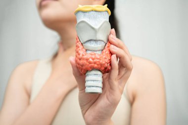 Hipertiroidizm, aşırı aktif tiroid, tiroid lenfoma, tiroid bezi insan anatomisi olan Asyalı kadın..