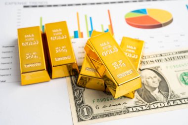 Amerikan doları banknotunda altın külçeleri, finans sektörü yatırım para birimi.