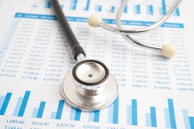 Stethoscope on finance business chart paper.