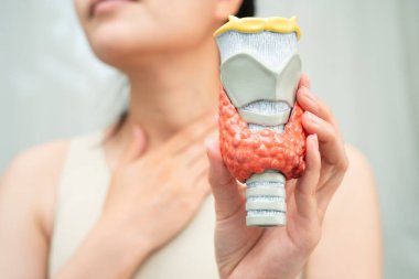 Hipertiroidizm, aşırı aktif tiroid, tiroid lenfoma, tiroid bezi insan anatomisi olan Asyalı kadın..