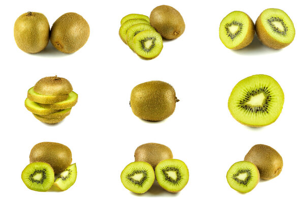 Isolated set of kiwi fruit slices cut on white background