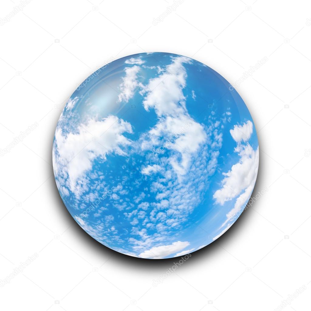 Isolated abstract blue sky with cloudy in the glass ball on white background with clipping path