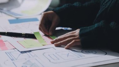 UXUI Tasarım İşbirliği. Modern çalışma alanında dijital projeyi tartışan profesyoneller.