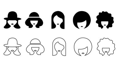 Kadın saç stillerinin ve şapkalarının siyah ve beyaz simgelerinin yer aldığı vektör şapka: kadın, kadın, insan, kafa, yüz, siluet, dış hat, ikon, illüstrasyon, grafik, tasarım, şapka, fötr şapka, kısa saç, kıvırcık saç stili, moda, tarz, güzellik