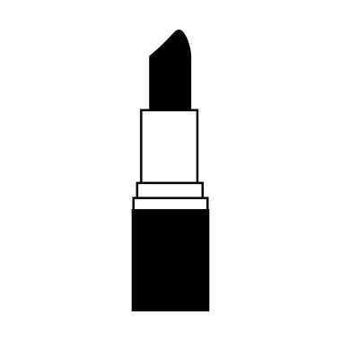 Bu resim beyaz arkaplanda siyah bir ruj tüpünü gösterir. Tasarım rujun kaplamalı ucunu, dikdörtgen bir gövdeyi ve daha geniş bir tabanı gösteriyor. Yaygın bir kozmetik maddenin basitleştirilmiş, grafik gösterimi.
