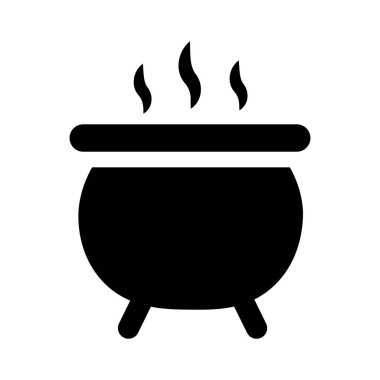 Kavisli kenarlı ve dört kısa bacaklı siyah bir kazan silueti. Kazanın tepesinden yükselen buhar, içeriğinin sıcak ya da demlendiğini gösteriyor. Resim, beyaz arkaplanda basit bir grafiktir..