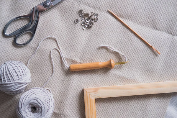 Tejido Hecho Mano Objetos Hobby Artesanales Disparados Desde Arriba Marco — Foto de Stock