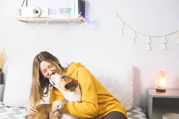 Happy dog licks woman's face, indoor bedroom scene. Joy from pets at home or during lockdown or self isolation, cold winter season