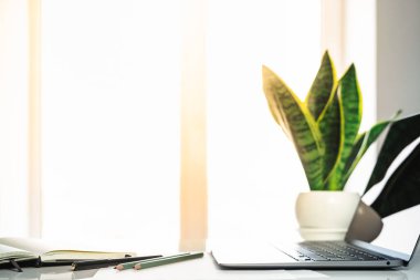 Pencerenin kenarındaki parlak kapaklı masa, güneşe karşı çekim. Masasında kalemler ve kalemler olan dizüstü bilgisayar, defter ve kağıt, boşluğu kopyala