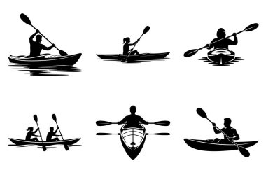 Kano Silueti Vektörü Açık Hava Spor Macerası Çizimi. Kayak Paddler Silueti Ekstrem Su Sporları Eylem Vektörü Tasarımı. Kano Silueti Simgesi Nehri ve Deniz Kayağı Açık Hava Macerası
