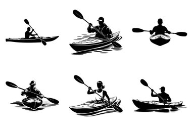 Kano Silueti Vektörü Açık Hava Spor Macerası Çizimi. Kayak Paddler Silueti Ekstrem Su Sporları Eylem Vektörü Tasarımı. Kano Silueti Simgesi Nehri ve Deniz Kayağı Açık Hava Macerası
