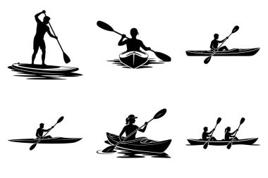 Kano Silueti Vektörü Açık Hava Spor Macerası Çizimi. Kayak Paddler Silueti Ekstrem Su Sporları Eylem Vektörü Tasarımı. Kano Silueti Simgesi Nehri ve Deniz Kayağı Açık Hava Macerası