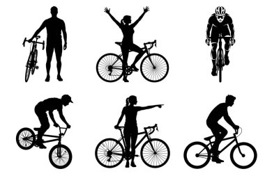 Bisiklet Silueti Vector Yolu ve Dağ Bisiklet Macerası Çizimi. Bisikletçi Siluet Açık Hava Bisiklet Spor ve Spor Grafiği. Etkin Bisiklet Silüeti Şehir ve Eğlence Bisikleti Binme Tasarımı