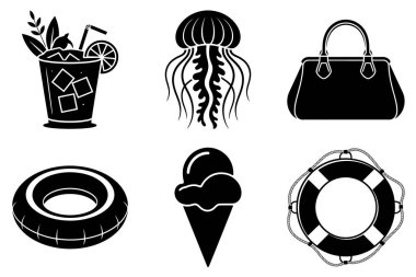 Summer Silhouette Tropikal Elementler, Plaj, Güneş ve Tatil Tasarımı. Yaz Vektörü İllüstrasyon Tasarımı. Yüzen Siluet.