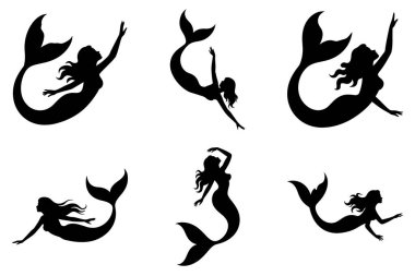 Fantezi Okyanusu ve Su altı Tasarımları için Denizkızı Silueti Vektör İllüstrasyonu